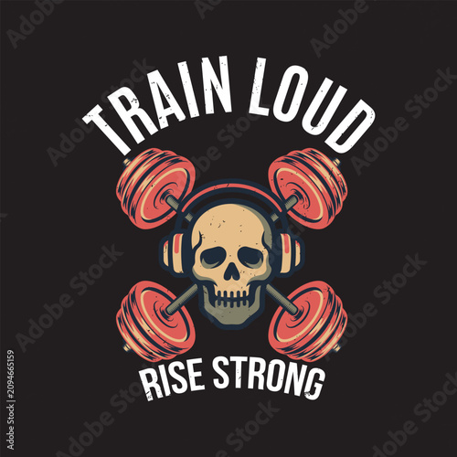 Train Loud Rise Strong Skull with Dumbbells and Headphones Vintage Gym T-Shirt Design Vector Illustration
