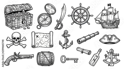 Cuadro en lienzo Pirate Treasure Chest, Ship, Compass, Map, Skull, Sword, and More - Vector Icons