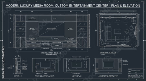 Quadro su tela Modern luxury media room custom entertainment center blueprint with plan and ele