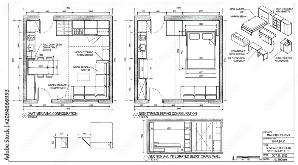 Fototapeta premium Architectural floor plans and furniture layout designs for a compact studio apartment
