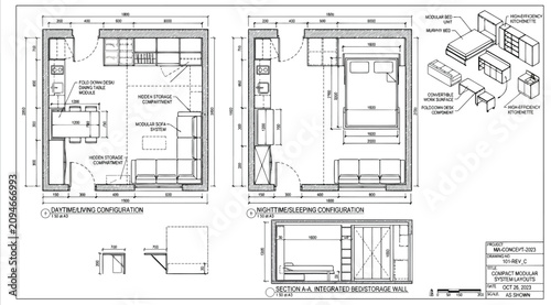 Fotografía Architectural floor plans and furniture layout designs for a compact studio apar