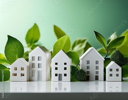 miniature white buildings with green leaves on glossy desk surface