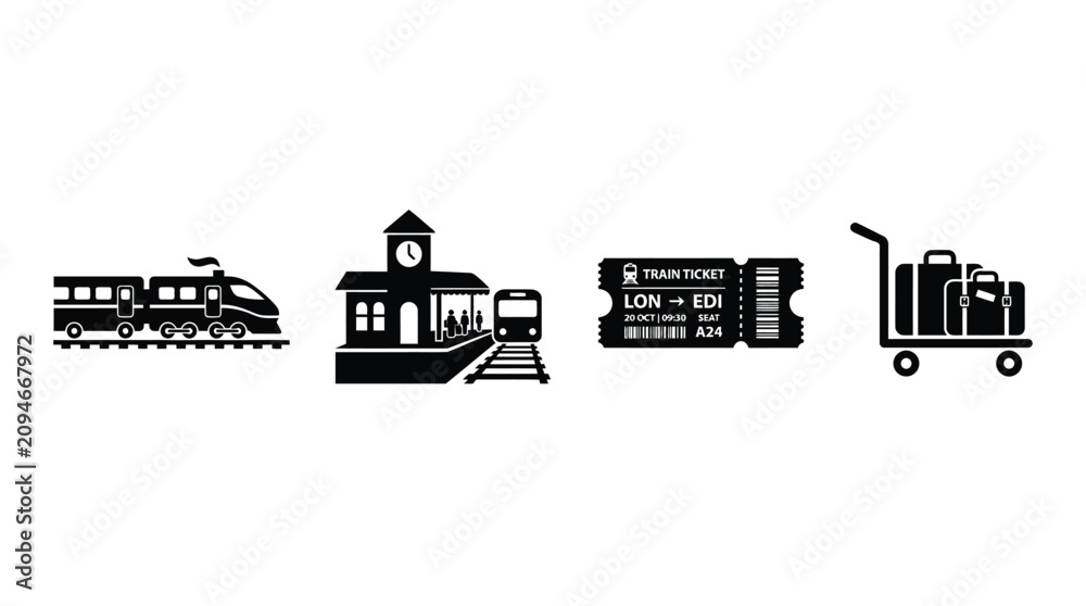 Fototapeta premium Train Station Ticket And Luggage Trolley Silhouettes On White Background