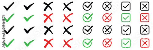 фотографія Hand drawn cross box x check mark checkbox, brush marker checklist symbol, checklist symbol right and wrong set, check tick mark icons