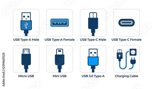 USB connector and cable flat icon collection vector illustration isolated on white