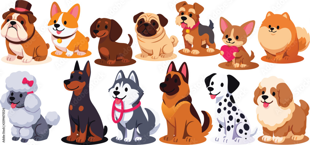 Obraz premium Cute dog breeds. Cartoon puppies and doggy pet. Funny friendly animals characters. Happy corgi, doberman, dalmatian, pug, dachshund