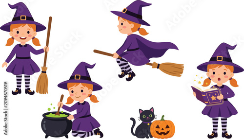 Cuadro en lienzo Cute Halloween witch girl cartoon vector illustration collection featuring broom