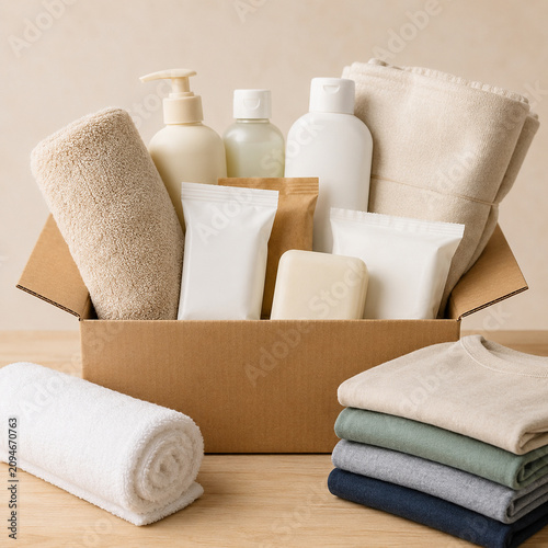 Donation box with hygiene kits towels and plain bottles