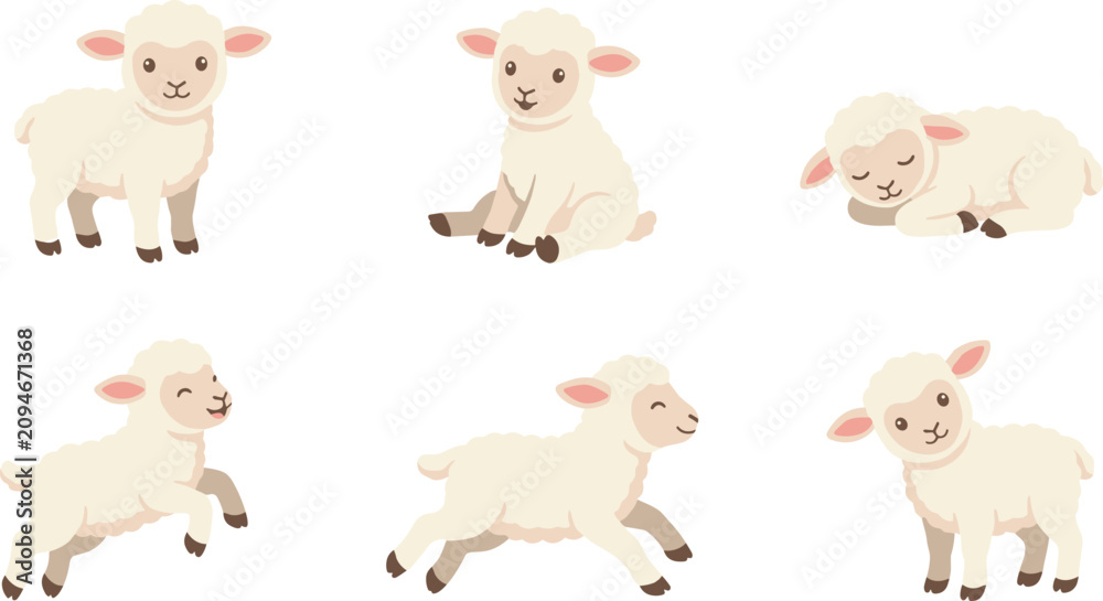 Fototapeta premium Cute lamb cartoon vector illustration collection featuring standing, sitting, running, jumping and sleeping baby sheep farm animal character poses isolated on white background