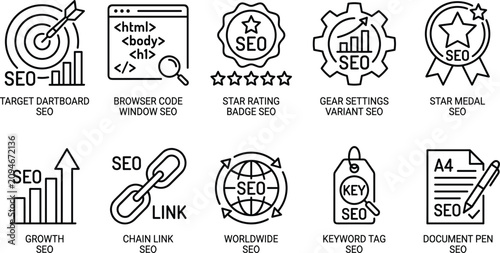 Photos Search engine optimization seo marketing line icon set including analytics charts keywords and link building