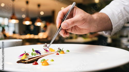 Chef Adding Finishing Touches Artistic Dessert