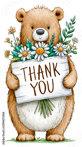 A brown bear holding a sign that says Thank You with flowers on it