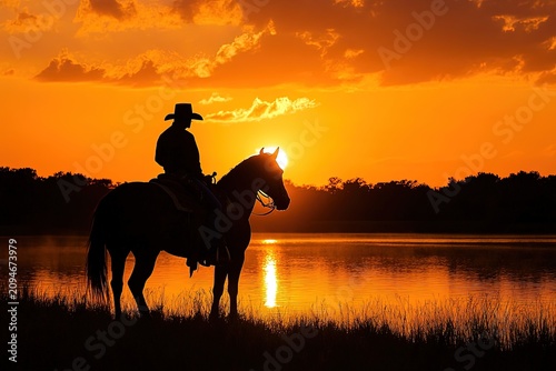 Silhouette of Cowboy on Horseback at Sunset by Lake