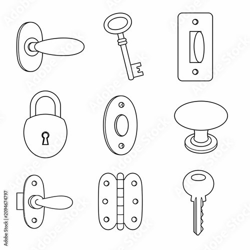 Set of black and white line art vector icons featuring door hardware including levers, skeleton and modern keys, padlock, hinge, round knob, and escutcheon plates for architectural design.