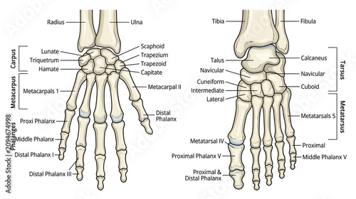 Canvastavla Anatomical Illustration of Human Hand and Foot Skeletons with Labels