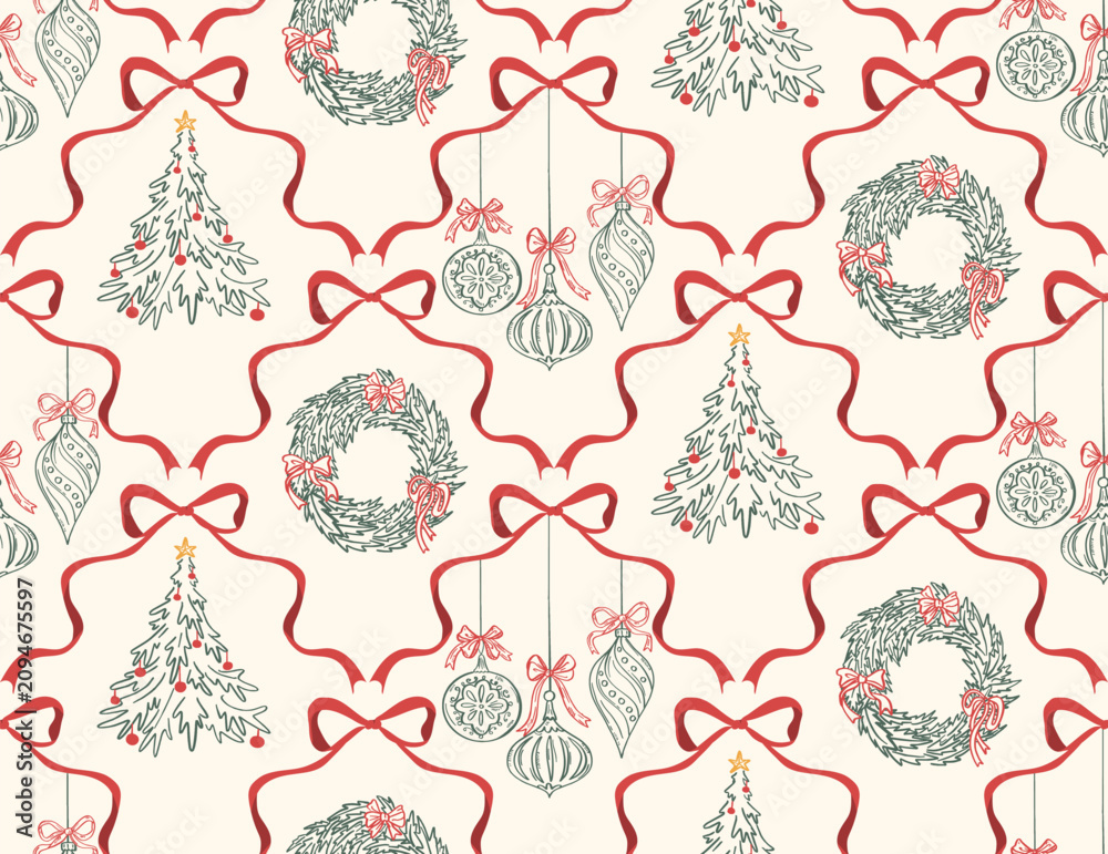 Fototapeta premium Christmas seamless pattern hand drawn Christmas trees, wreaths, and ornaments inside ribbon bow frames. coquette holiday vector background for winter wrapping paper, greeting cards, and festive decor.