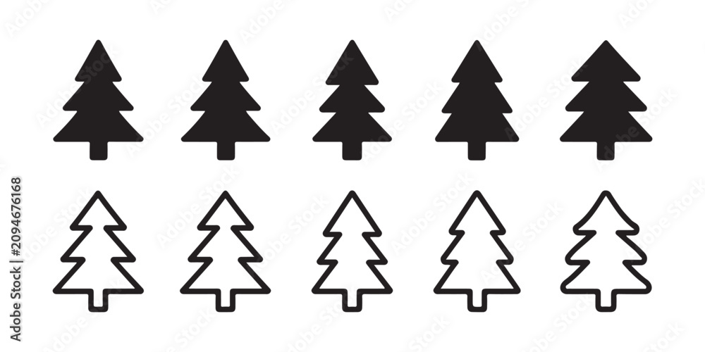 Fototapeta premium Set of 10 vector pine trees. black silhouettes and outlines of conifer icons.