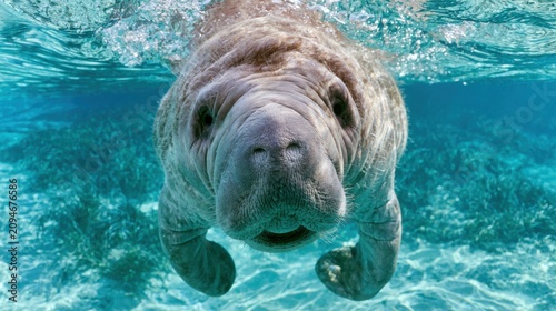 Gentle Manatee Swimming in Clear Ocean Water