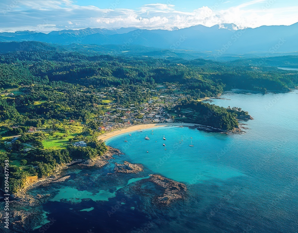 Obraz premium Aerial view of a tranquil coastal village with a turquoise crescent bay, sandy beach, anchored sailboats, rocky shoreline, green hills and distant mountains under blue sky