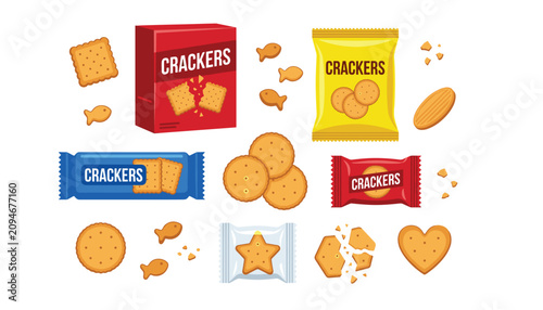 Obraz na płótnie Assorted crispy snack crackers and product packaging including boxes bags and wrappers flat vector illustration set isolated on white background
