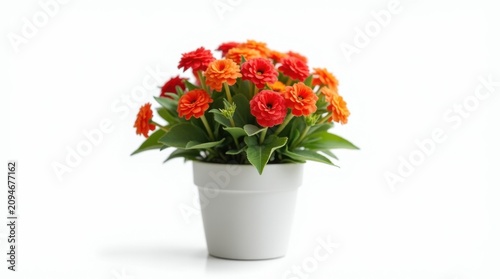 Hermosa Kalanchoe en flor con flores vivaces en una maceta blanca minimalista sobre fondo blanco