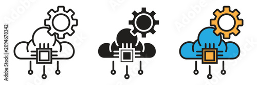 Cloud Computing Processing and System Optimization Icon Set. A professional vector icon set representing cloud computing technology configuration, server optimization, data microchip processing.