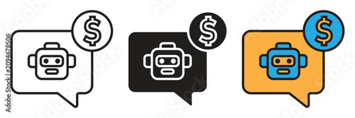 Monetized AI Chatbot Commercial Icon. Clear vector design depicting robot head speech bubble combined with dollar currency token representing paid artificial intelligence services.