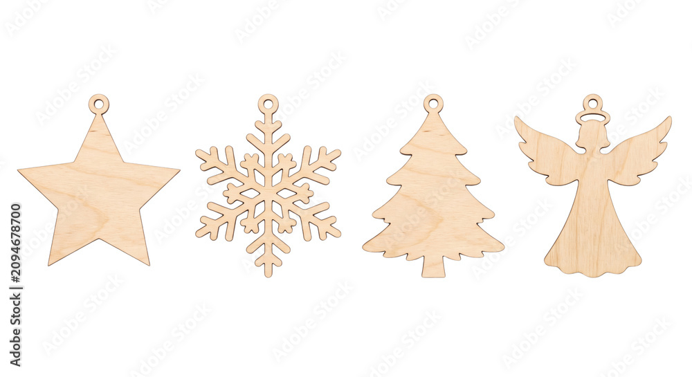 Fototapeta premium Unfinished wooden holiday decorations isolated on transparent background