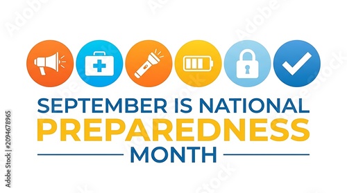National Preparedness Month banner with emergency icons. Bright vector illustration for disaster readiness and safety awareness. Essential graphic...