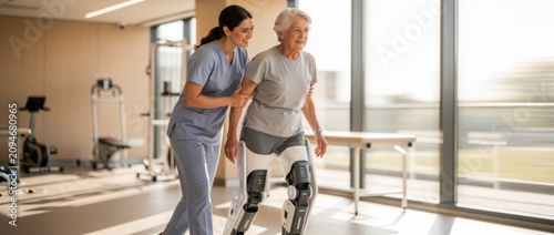 Physical therapist supporting elderly woman during rehabilitation session in modern facility with advanced mobility device for enhanced mobility and independence