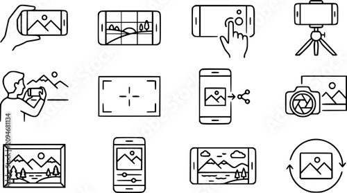 фотографія Mobile Photography Technology Black  White Line Art Icons Set for Camera, Editin
