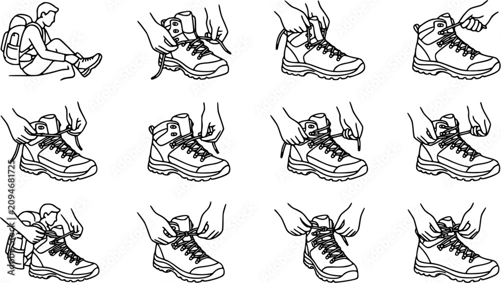 Obraz premium Black White Line Art Step-by-Step Guide: How to Lace Hiking Boots for Outdoor Activity