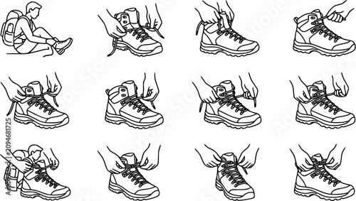 Fényképezés Black  White Line Art Step-by-Step Guide: How to Lace Hiking Boots for Outdoor A