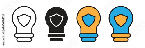 Intellectual Property Idea Protection Shield Lightbulb Vector Icon Set. Shield inside lightbulb vector icon set representing intellectual property protection, creative patent copyright security.