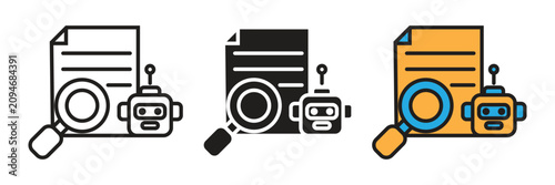AI Robot Document Search Data Analysis Vector Icon Set. Paper document, magnifying glass, and robot face vector icon set representing artificial intelligence automated information research analysis.
