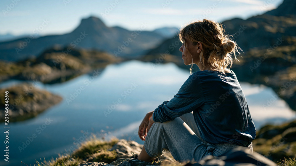 Fototapeta premium An attractive european woman sitting and looking out at a bright calm mountain lake in daylight seen from behind serene peaceful mood clear sky mountains lake hiking