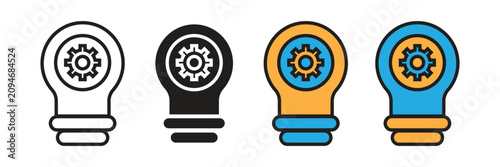 Idea Innovation Development Gear Cog Lightbulb Vector Icon Set. Gear cog wheel inside lightbulb vector icon set representing innovation development, creative engineering process, and business.