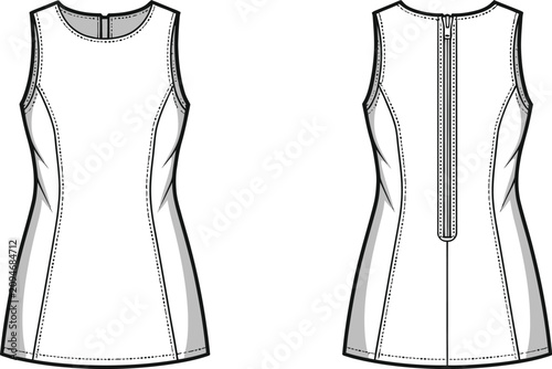 Canvas Print Cad drawing technical fashion illustration of sleeveless sheath dress front back