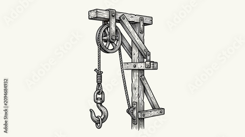 Valokuva Vintage Wooden Pulley System with Hook and Rope