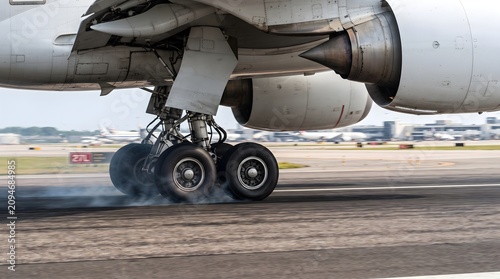 Airplane landing gear with smoking tires and massive engine on tarmac