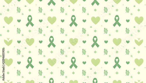 Seamless repeating pattern of green health awareness ribbons and hearts on a light background
