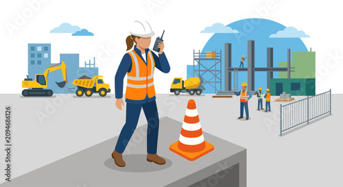 Tableau sur toile Female engineer in safety gear supervising construction site.
