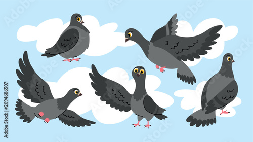 Illustrations of cartoon pigeon characters in different poses and emotions for creating designs. Gray pigeon, dove, turtledove, chick, domestic bird. Stickers of birds in flight. Digital art and comic