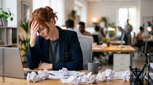 Exhausted redhead businesswoman with headache sitting at laptop desk with crumpled paper. Stressed female employee feeling burned out or overwhelmed due to office deadline, crisis and failure.