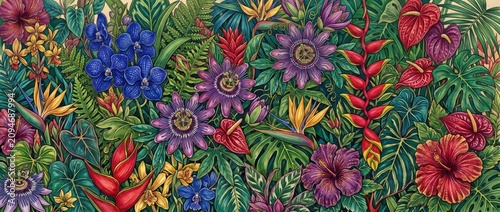 Vibrant tropical floral pattern with colorful flowers and leaves