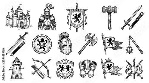 Εκτύπωση καμβά Medieval Knights and Castle Icons: Shields, Swords, Armor, Flags, Weapons