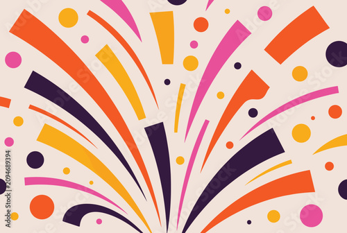 Vibrant party celebration background filled with colorful abstract fireworks, confetti explosion, and festive shapes.