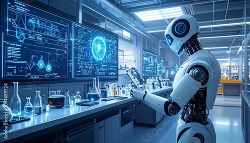 Futuristic Robot Scientist Conducting Research in a High-Tech Laboratory.