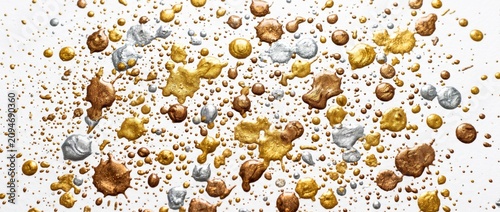 Golden and silver confetti particles on white background