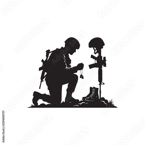Soldier Kneeling at Grave Silhouette. A military soldier kneeling before a battlefield cross grave marker isolated on white background, symbolizing remembrance, sacrifice, respect, veteran honor, and 